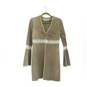 Wilson Leather Beige Suede Boho Long Line Tie Front Bell Sleeves Jacket Size M